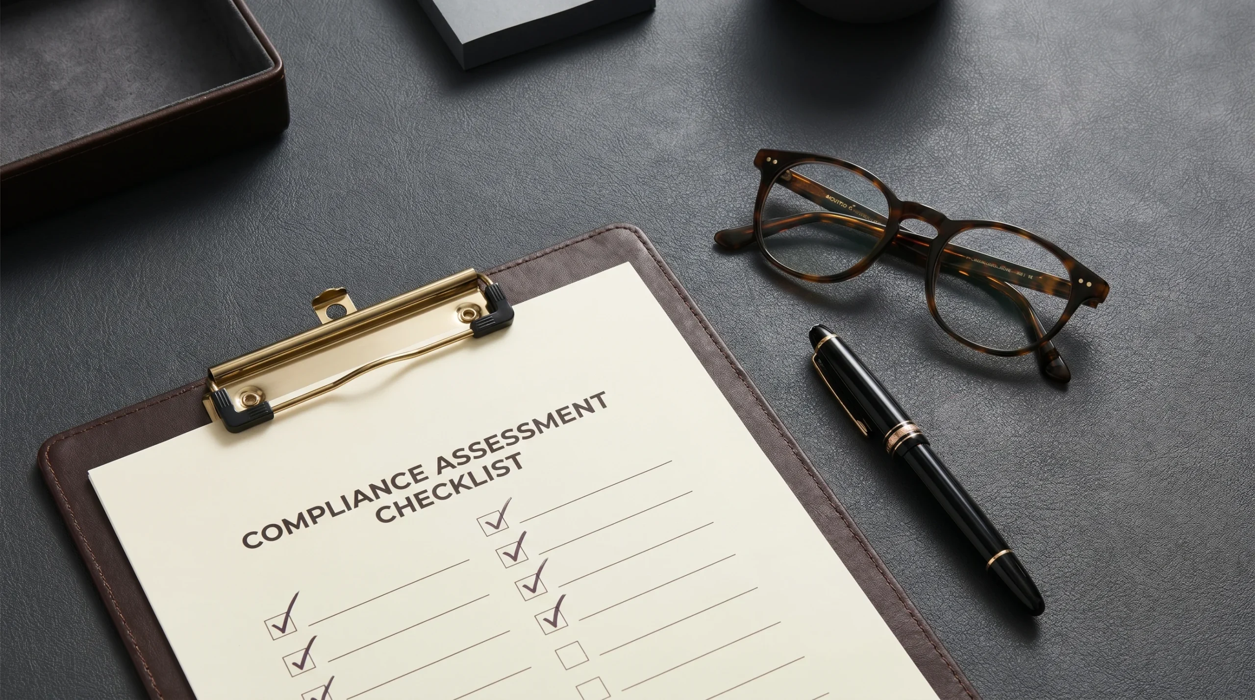 A clean, organized desk layout focusing on a compliance checklist.