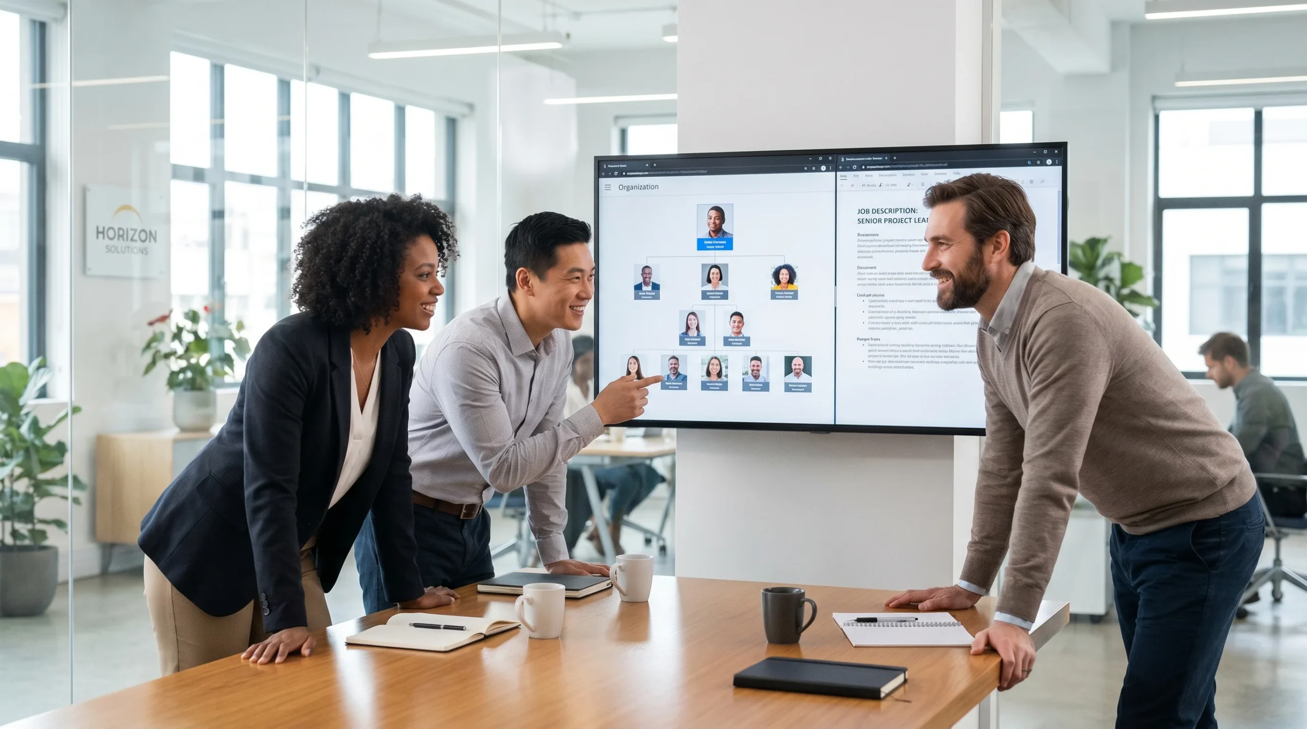 A professional team discussing job descriptions and corporate strategy around a clean desk.