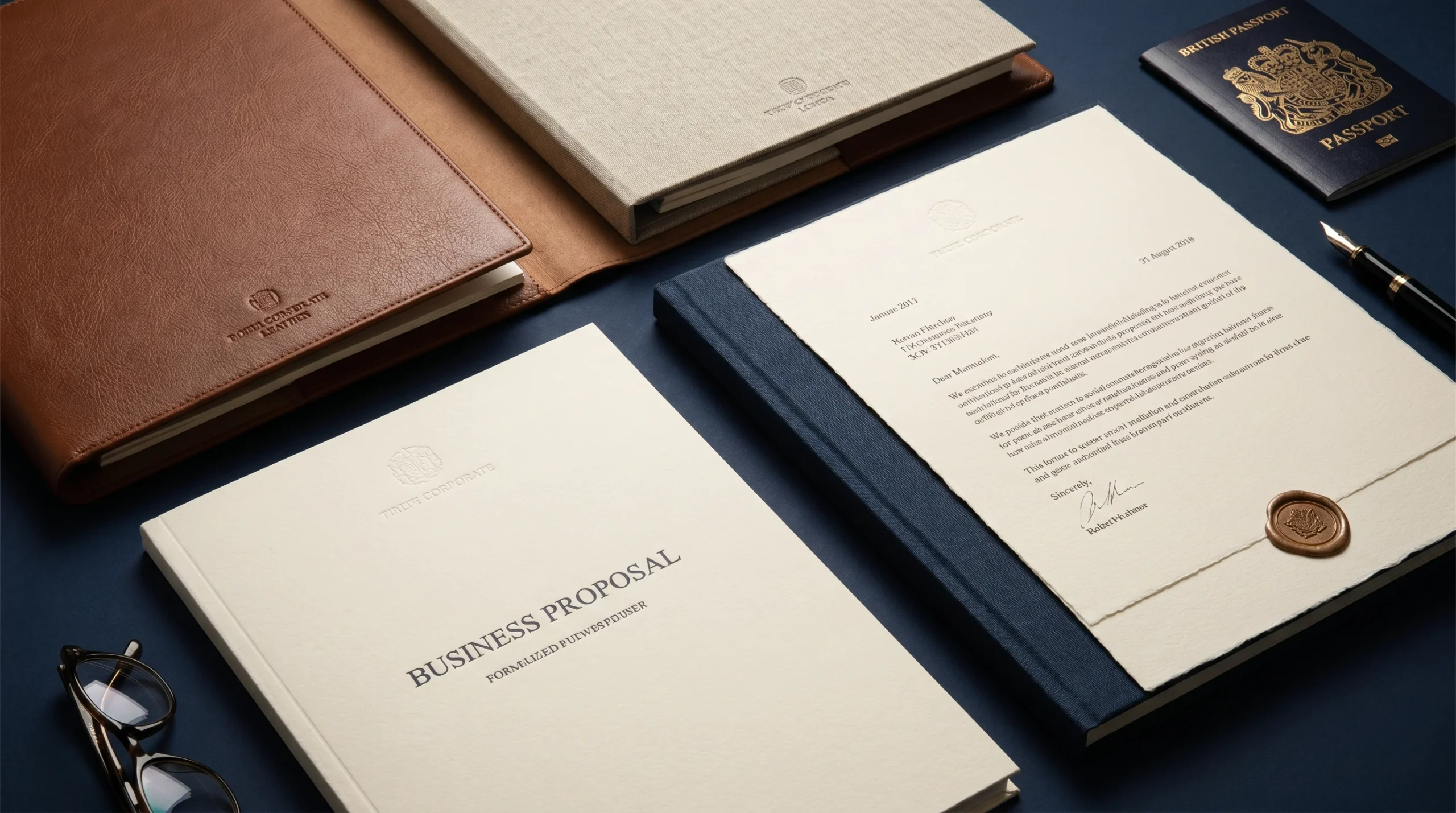 Neatly arranged corporate folders, legal documents, and official letters